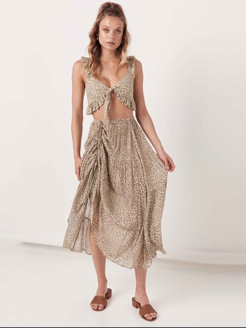 Spell and the Gypsy Leopard Print scrunch front slit Maxi Skirt